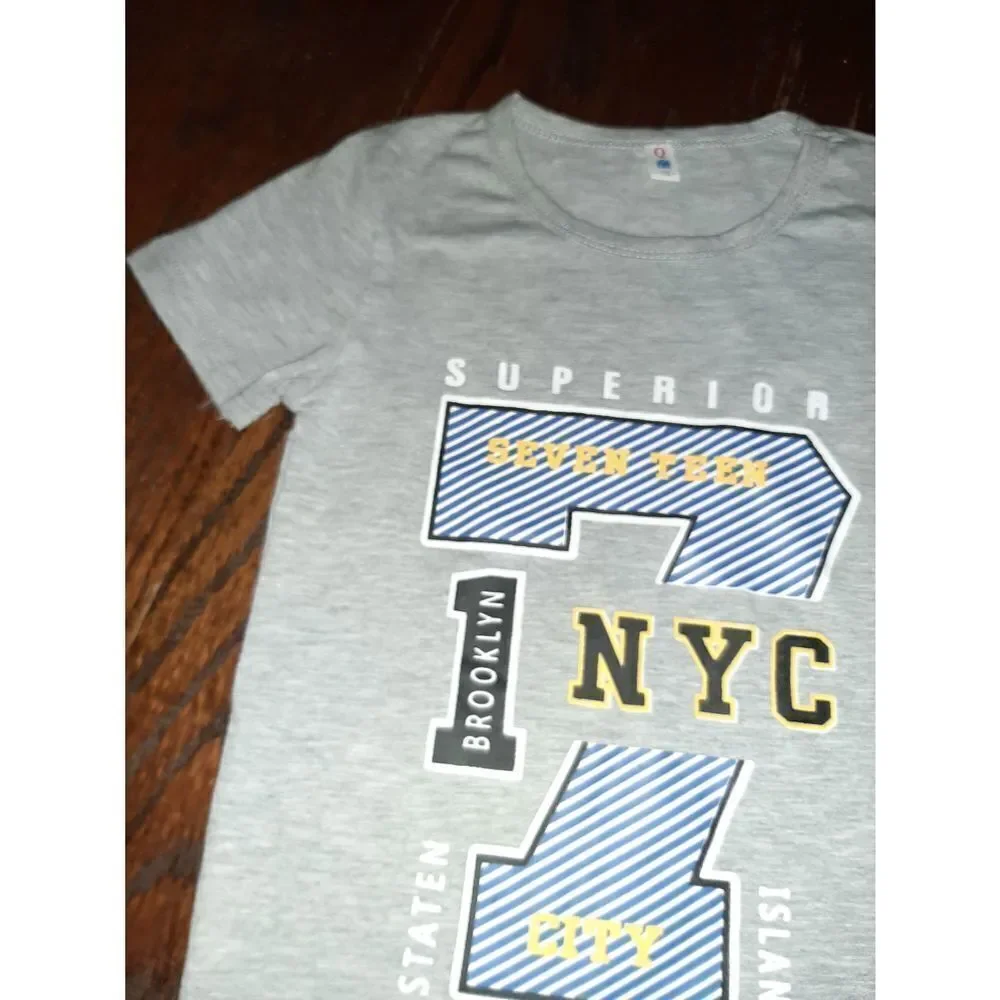 New Boy's 110 (4T) Grey Blue New York Short Sleeve Crew Neck Tee T-Shirt Top